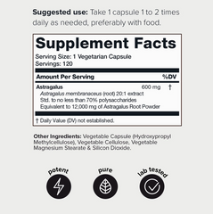 Supplement Facts label showing ingredients and serving size for Astragalus 20:1 (120 capsules) by Faire.com, including suggested use and icons indicating it is potent, pure, lab-tested, and provides immune system support.