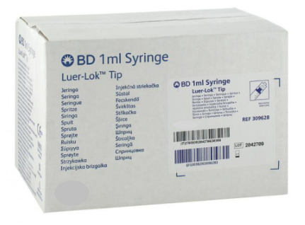 A box of BD 1cc Luer-Lock Syringes (25 Pack, NO NEEDLE) by MedPlus features multilingual labels and a bar code.