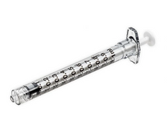 A HealthyKin BD 1cc (1ml) Luer-Lock Syringe NO NEEDLE (25 Pack) with measurement markings on a transparent body, isolated on a white background.