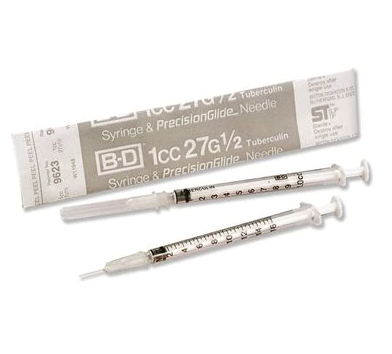 Two high-quality MedPlus BD 1cc(mL) Luer Slip Tip Syringes with attached PrecisionGlide needle 27G x 1/2" (10 PACK) on a white background, showcasing exceptional performance.