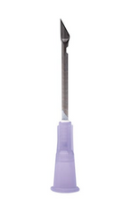 An 18G x 1 ½" BD Nokor Admix Thin Wall Non-Coring Needle (pack of 50) from MedPlus, with a purple plastic handle, stands upright against a white background, highlighting its precision.