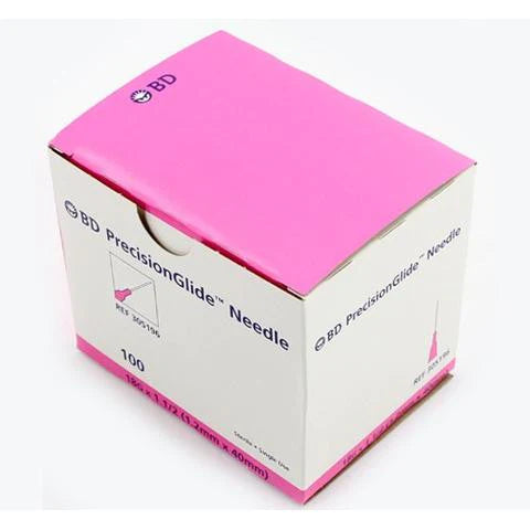 A box of sterile MedPlus BD PrecisionGlide Hypodermic Needles 18G x 1 1/2" (50 Pack) on a white background, prominently displaying the brand, product name, and Luer tip detail.
