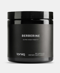 A black bottle labeled "Berberine – 500mg 97% Pure 82:1 Formula – 90 Veggie Capsules" containing dietary supplement capsules by Faire.com, featuring wild-harvested Himalayan Berberine.