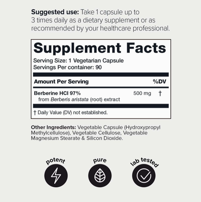 Label of a dietary supplement showing suggested use, supplement facts with 500 mg Berberine HCl per serving, and other ingredients. Icons for "potent," "pure," and "lab tested" are displayed below to highlight the high purity of this wild-harvested Himalayan Berberine – 500mg 97% Pure 82:1 Formula – 90 Veggie Capsules by Faire.com.