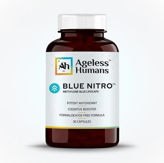 Brown bottle labeled "Blue Nitro®️ Methylene Blue 1% Capsules" by Faire.com, containing 30 capsules. Acts as a potent antioxidant and cognitive booster supporting mitochondrial function and enhancing ATP production, in a formaldehyde-free formula.