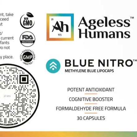 Label for Blue Nitro®️ Methylene Blue 1% Capsules by Faire.com. This cognitive booster and potent antioxidant supports ATP production and mitochondrial function. The formaldehyde-free formula with 30 capsules enhances oxygen consumption. Includes QR code.