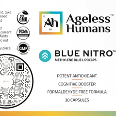 Label for Blue Nitro®️ Methylene Blue 1% Capsules by Faire.com. This cognitive booster and potent antioxidant supports ATP production and mitochondrial function. The formaldehyde-free formula with 30 capsules enhances oxygen consumption. Includes QR code.