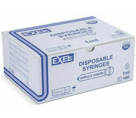 A box labeled “Exel 1mL Syringe and Needle Combination Slip Tip 25g x 1,” from MedPlus, contains 100 sterile syringes designed with low dead space for efficient medication delivery; priced at $16.21 per box as of 6/24/25.