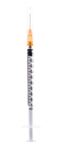 Exel 1mL Syringe and Needle Combination Slip Tip 25G x ⅝“, sold in boxes of 50 by MedPlus, features a clear barrel with black measurement markings, a low dead space design, and an orange removable needle cap, all presented individually against a white background. Note: price increase to $16.21 per box effective 6/24/25.