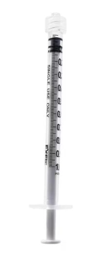 Displayed against a white background is the Exel 1mL Luer Lock Tip Syringe Only from MedPlus—each box contains 50 individually wrapped, non-latex, single-use sterile syringes with clear measurement markings for safe and convenient medical use.