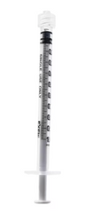 Displayed against a white background is the Exel 1mL Luer Lock Tip Syringe Only from MedPlus—each box contains 50 individually wrapped, non-latex, single-use sterile syringes with clear measurement markings for safe and convenient medical use.