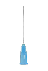 A single sterile Exel Disposable Hypodermic Needle (23G x 1 ½“) by MedPlus, featuring a blue plastic hub and thin metal shaft, is shown upright against a plain white background. This luer lock compatible needle comes individually wrapped to ensure safety and cleanliness. Price increase effective 6/24/25: $6.54 per box.