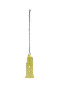 An Exel Disposable Hypodermic Needle 20G x 1 ½“ from MedPlus, featuring a yellow plastic hub and a luer lock connection, is displayed upright against a white background.