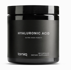 A black container labeled "Hyaluronic Acid – 275mg 95%+ Pure – 180 Veggie Capsules," boasting "Ultra High Purity" and "180 Capsules Dietary Supplement" text, manufactured by Faire.com. This non-GMO, GMP-certified product ensures you get the highest quality in every capsule.