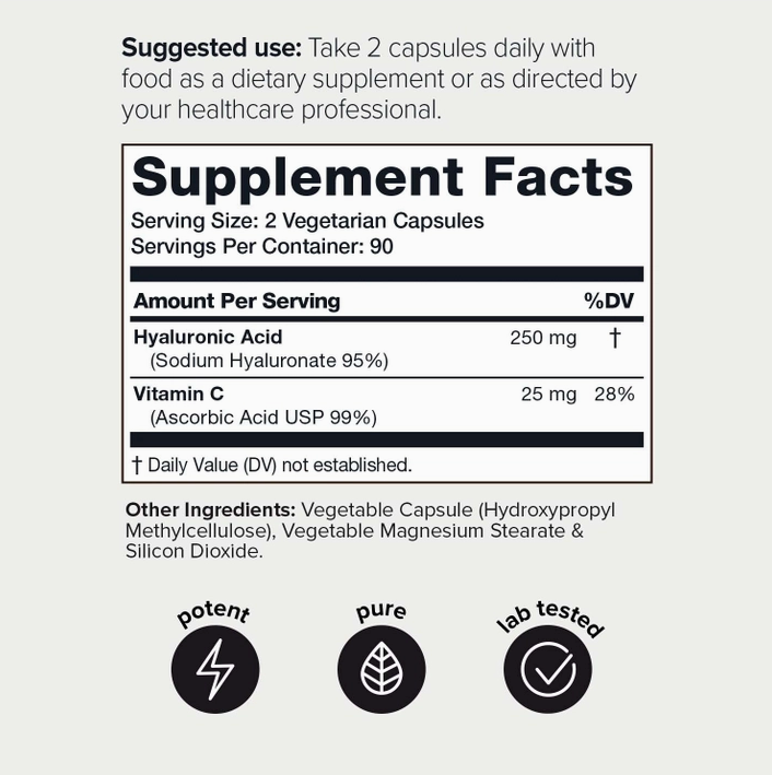 Image of a supplement facts label for a product containing Non-GMO Hyaluronic Acid (250 mg) and Vitamin C (25 mg) per 2 vegetarian capsules. Serving per container: 90. Includes usage suggestions and ingredient icons. GMP-certified for quality assurance. Product Name: Hyaluronic Acid – 275mg 95%+ Pure – 180 Veggie Capsules. Brand Name: Faire.com