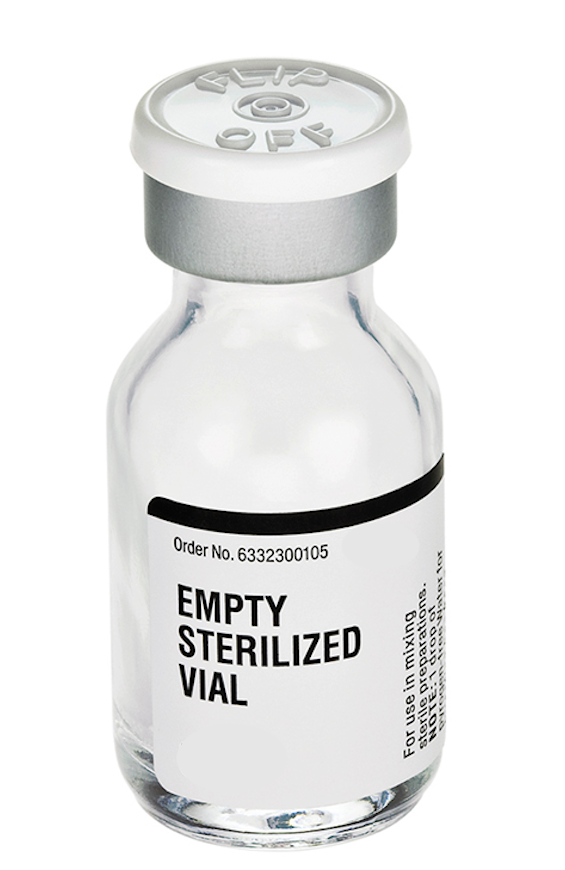 A 10mL glass vial with a silver cap, branded as Henry Schein's "Empty Sterilized Vial - Glass (Fresenius Kabi)," labeled for sterile preparations, includes an order number and has been autoclaved.