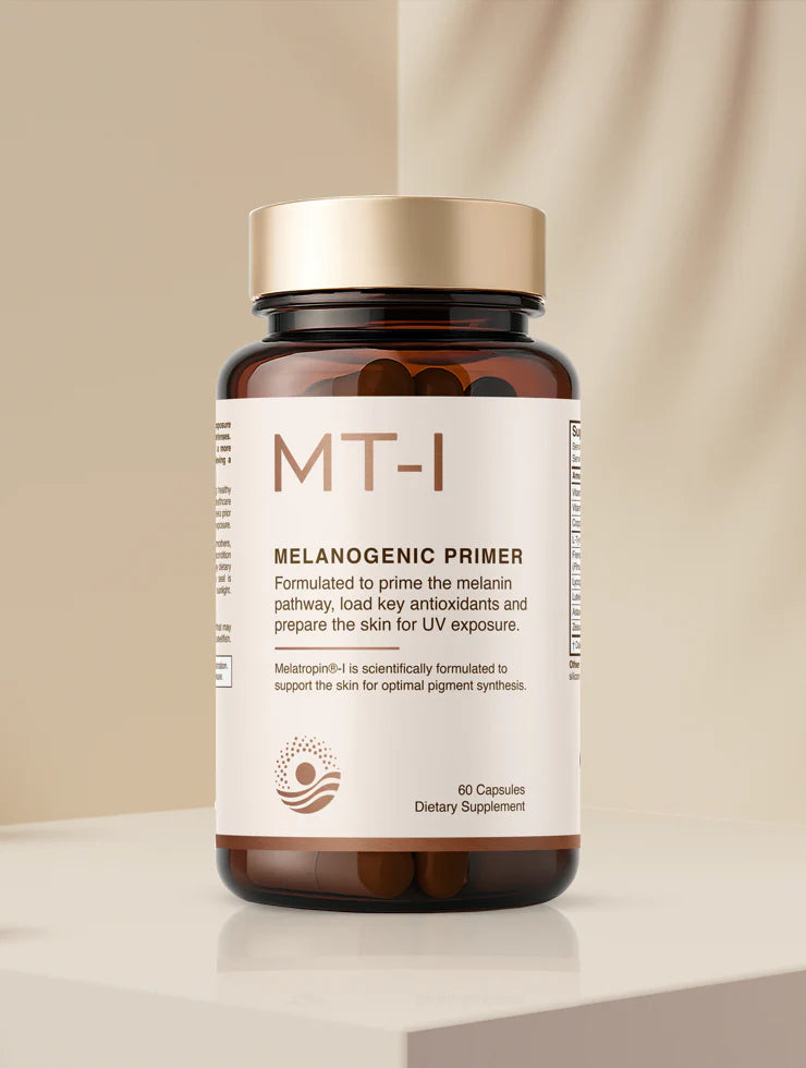 A brown bottle labeled "Melatropin®-I Tanning Pills" by Custom Item contains 60 capsules, marketed as a tanning supplement to support melanin production and healthy skin pigmentation.