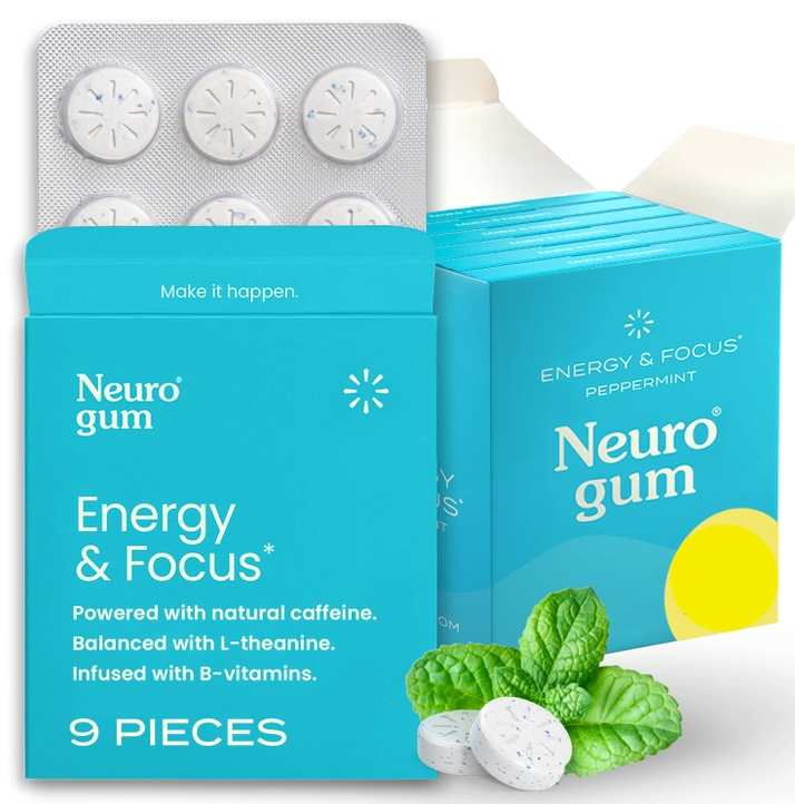 The pack of Neuro Gum, "Energy and Focus," by Faire.com offers a refreshing peppermint taste with 9 pieces. It includes natural caffeine, L-theanine, and B-vitamins. The mint leaves and gum pieces are visibly delightful.