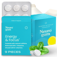 The pack of Neuro Gum, "Energy and Focus," by Faire.com offers a refreshing peppermint taste with 9 pieces. It includes natural caffeine, L-theanine, and B-vitamins. The mint leaves and gum pieces are visibly delightful.