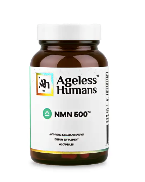 A brown bottle labeled "Pure Nmn 500" by Faire.com contains 60 capsules. This anti-aging supplement boosts cellular energy and promotes youthful vitality.