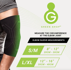 Explore our HealthyKin Green Drop Professional Elbow Compression Sleeve (SM-MED) 8"-12" measurements for sports injury and tendonitis support.