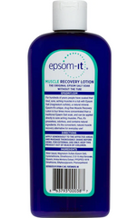 A bottle of concentrated Epsom-It Muscle Recovery Lotion 8 fl. oz. by HealthyKin for deep pain relief on a white background.