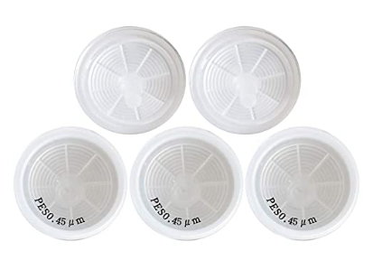 Five Allpure Syringe Filters - 25mm | 0.45μm | PES (5 pack), each labeled "pes .45 µm," arranged symmetrically on a plain background.