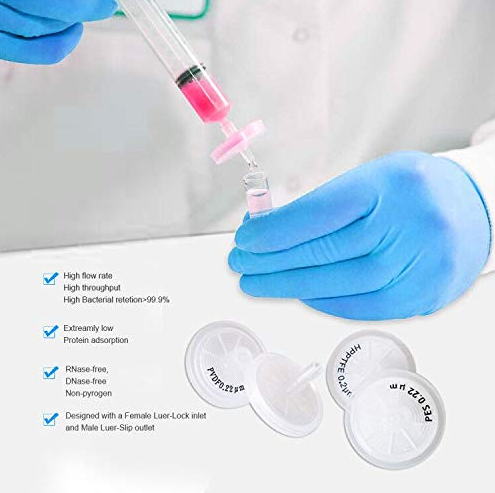 A scientist in blue gloves uses an Amazon Allpure Syringe Filter - 25mm | 0.45μm | PES (5 pack) to handle liquids with vials labelled "rnase free" on a lab bench.