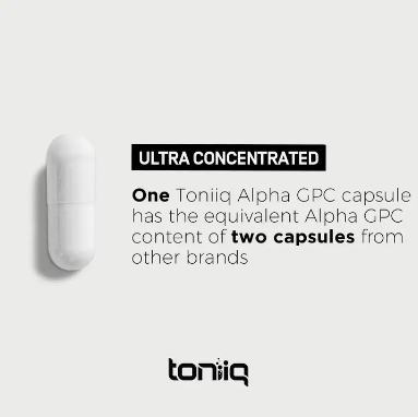 A promotional image for Faire.com's Alpha GPC 99% (120 capsules) supplement, indicating the capsule is ultra-concentrated with content equivalent to two regular capsules, designed to enhance cognitive function.