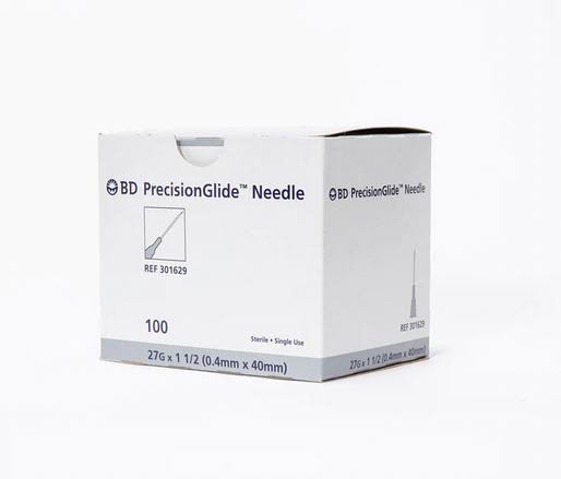 A box with a sterile BD PrecisionGlide Hypodermic Needles 27G x 1 1/2" (50 Pack) from MedNeedles.com on a white background.