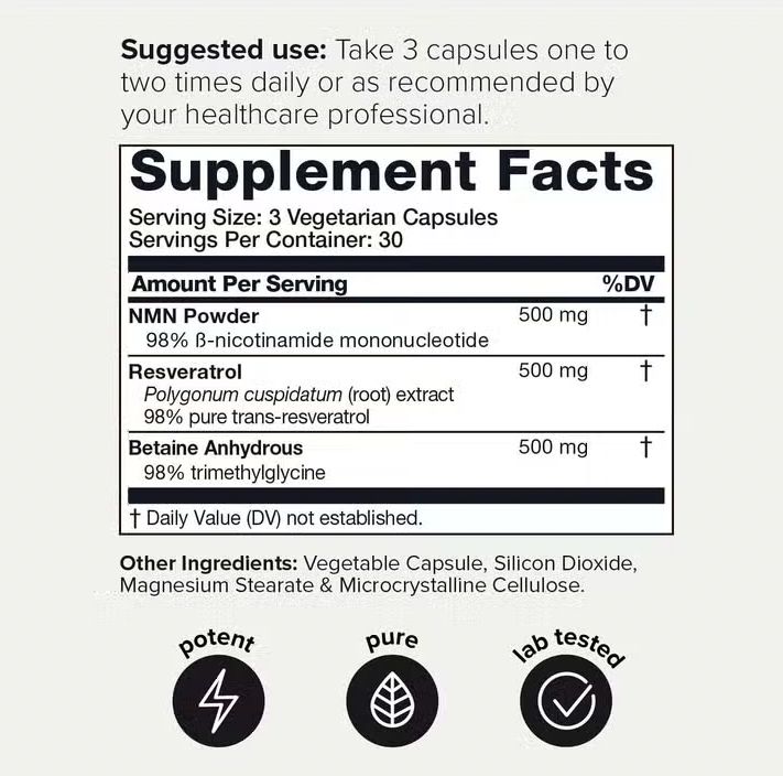 Label of Elixr NMN & Resveratrol Supplement (90 capsules) listing serving size, ingredients including NMN and Resveratrol, and daily value percentages by Faire.com.