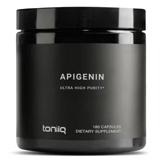 A bottle of Apigenin 98% Supplement (180 capsules), a powerful antioxidant, from Faire.com.