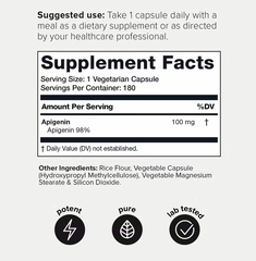 A label for the Apigenin 98% Supplement (180 capsules) by Faire.com, an antioxidant supplement that contains vitamins and minerals of high purity.