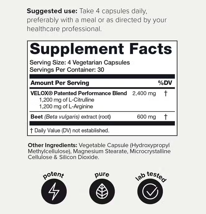 A supplement label with essential vitamins and minerals for enhancing Fuel Nitric Oxide Booster – 3000mg 99% Pure (120 Veggie Caps) BACKORDERED AS OF 12/21/23 levels, from the brand Faire.com.