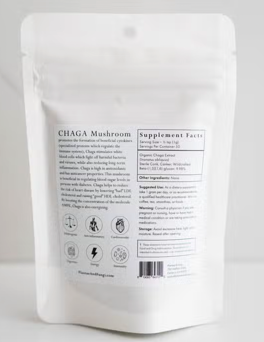 Faire.com's Chaga Mushroom Powder 2 oz. | 50 servings displayed on a white background is known for its immune system benefits and high antioxidants.