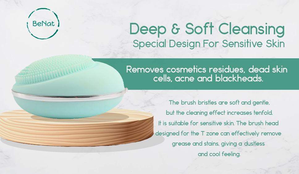 Electric facial cleansing brush for sensitive skin with waterproof and portable features highlighted from Faire.com.