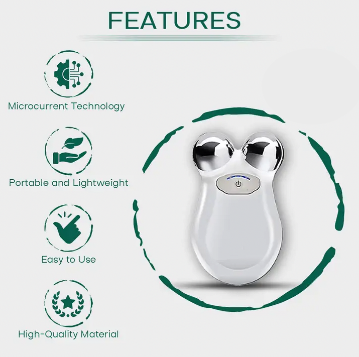A Faire.com Micro-current Facial Toning Massager device, designed to lift jowls, ensure portability, ease of use, and is made of high-quality material features.