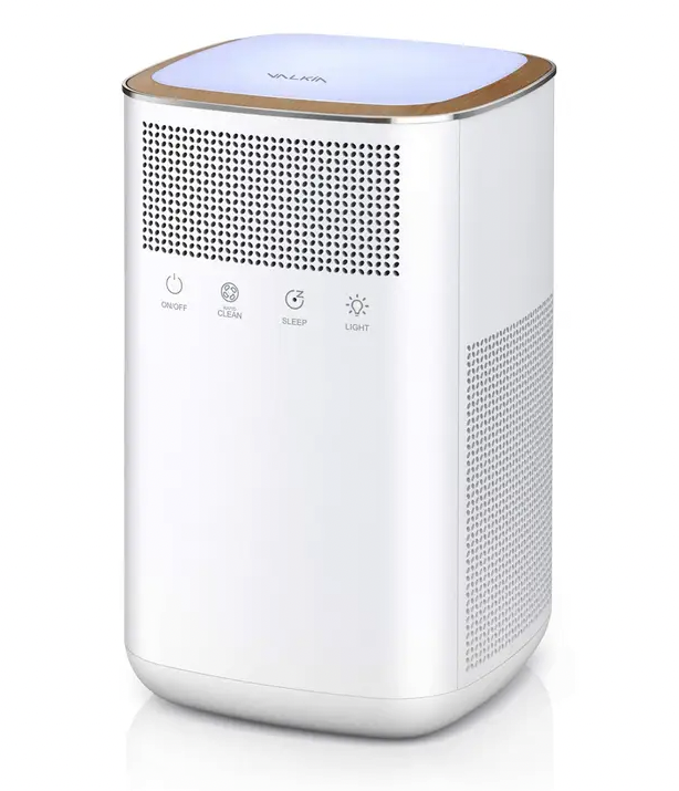 A white Valkin Air Purifier, a Carb Certified Device for Home by Faire.com, on a white surface.