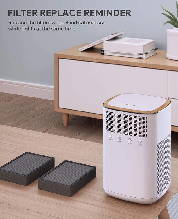 The Valkin Air Purifier, a carb certified device, is sitting on a table.