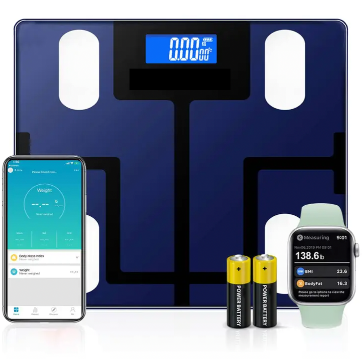 A 5 Core Smart Digital Bluetooth Bathroom Scale, equipped with body composition analysis and designed to help achieve fitness goals. It is conveniently paired with a phone for enhanced data tracking and powered by a reliable battery from Faire.com.