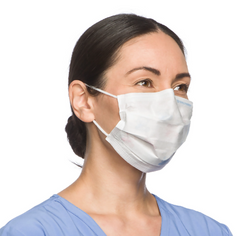 Woman wearing a MedPlus Halyard Procedure Mask with So-Soft Ear-Loops over her nose and mouth, featuring protective three-layer construction.