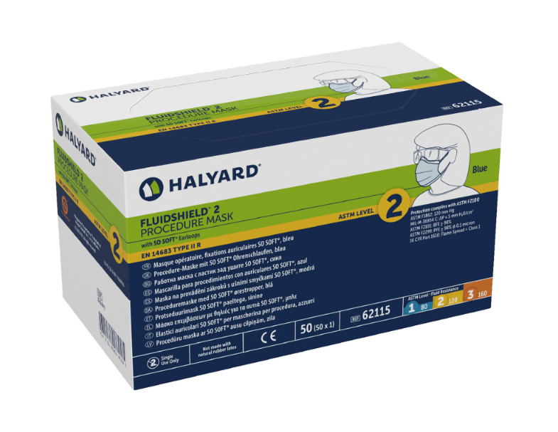 Box of MedPlus Halyard Fluidshield* Procedure Masks | ASTM Level 2 Protection with a fluid-resistant outer layer.