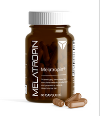 A bottle of Melatropin® Tanning Pills (60 count), a tanning supplement from the brand Custom Item, on a white background.