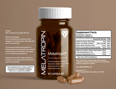A bottle of Melatropin® Tanning Pills (60 count), a tanning supplement, on a brown background. Brand name: Custom Item.