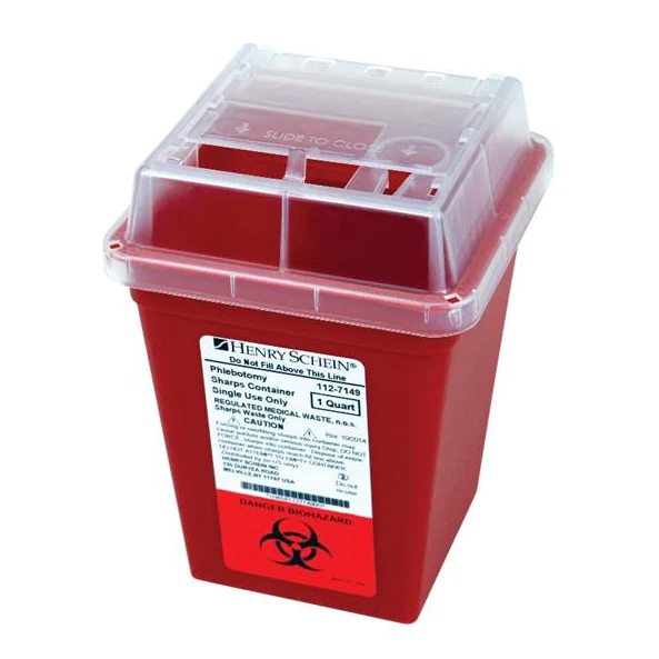 An OSHA-compliant NDC red plastic container with a lid, suitable for Sharps Container - 1 Quart disposal.