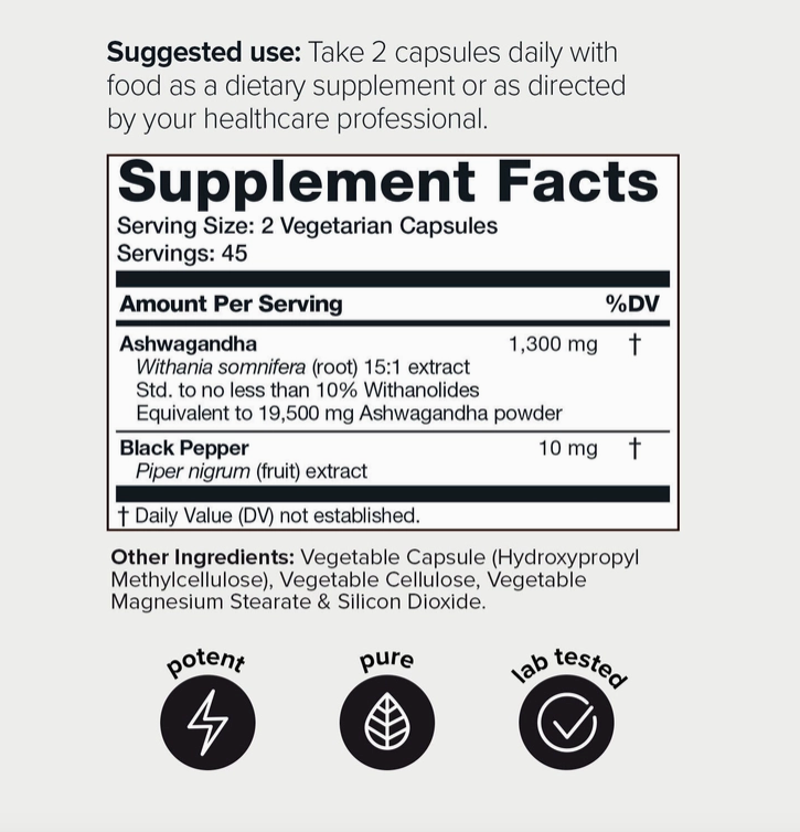 A label showing the ingredients of a 20:1 concentrated extract supplement containing Withanolides derived from Ashwagandha, specifically the Ashwagandha 10% (90 Capsules) by Faire.com.