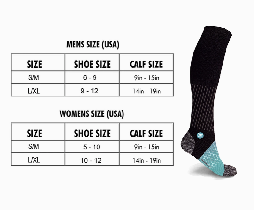 A pair of black and blue Extreme Fit Travel socks in size SMALL/MEDIUM with measurements to enhance blood circulation, by Faire.com.