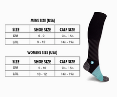 A pair of Extreme Fit Travel Socks (LARGE/XLRG) by Faire.com available in black and blue with sizes and measurements for proper fit.