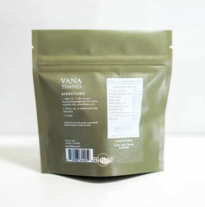 A bag of Focus | Fine Plant & Mushroom Powder 2 oz. green tea with a label for memory boost by Faire.com.