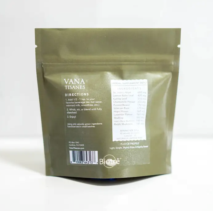 A bag of Sleep | Fine Plant & Mushroom Powder 2 oz. green tea with a label on it to relax the body by Faire.com.